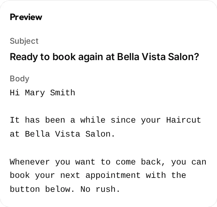 Preview of the reminder message, with the subject and body already filled with the client's details.