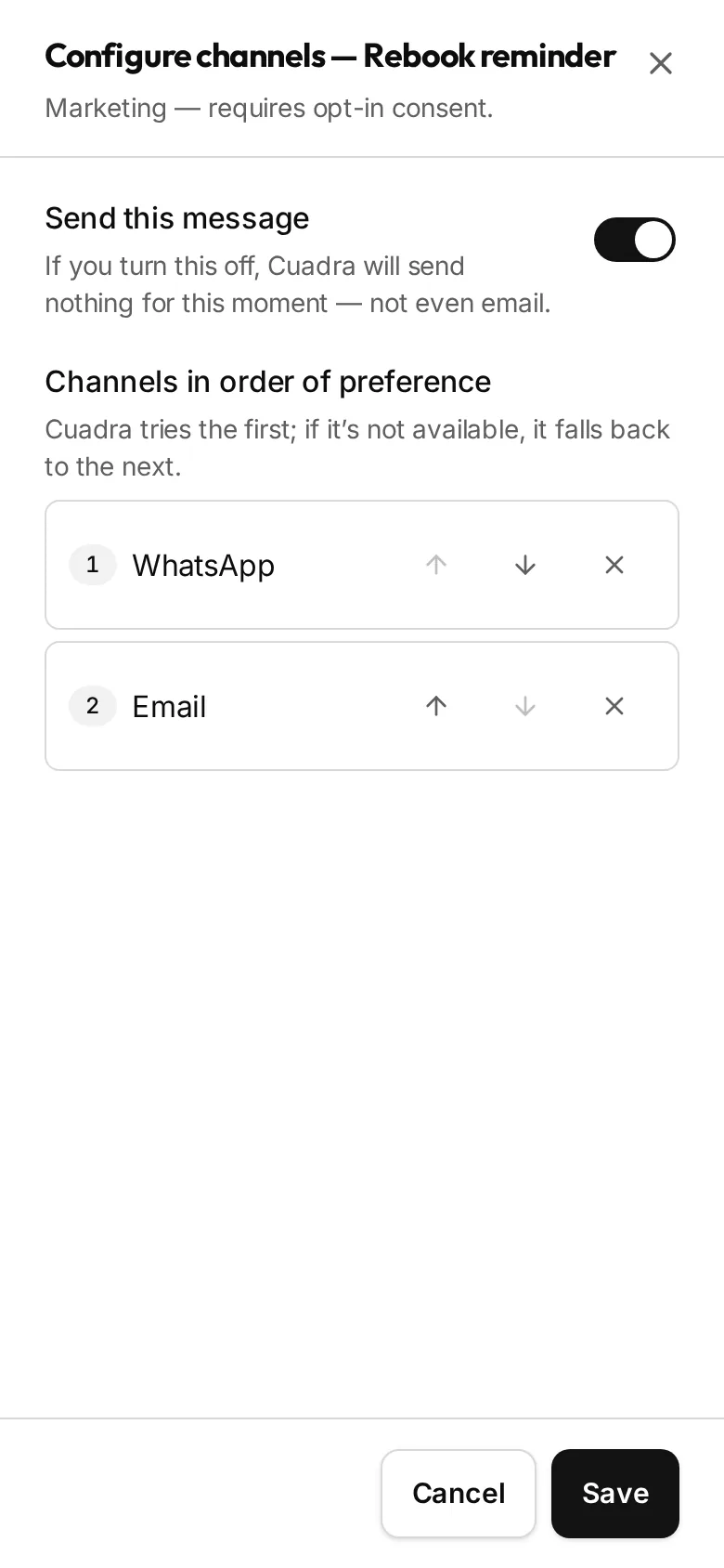 Screen to set the reminder's channels, with the switch to turn it on or off.
