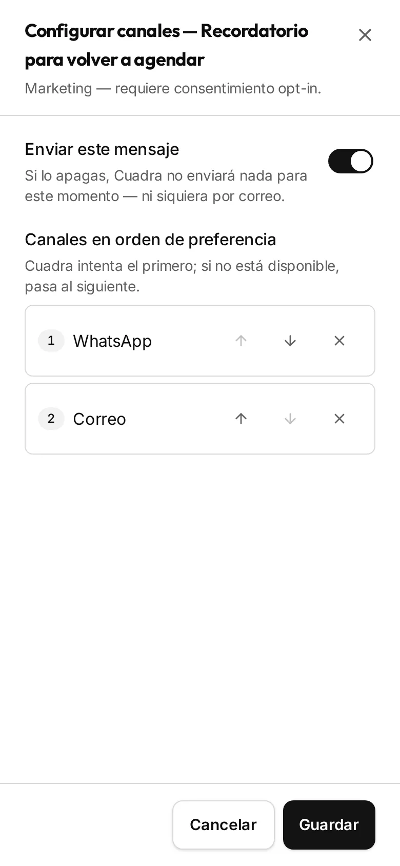 Pantalla para configurar los canales del recordatorio, con el interruptor para encenderlo o apagarlo.