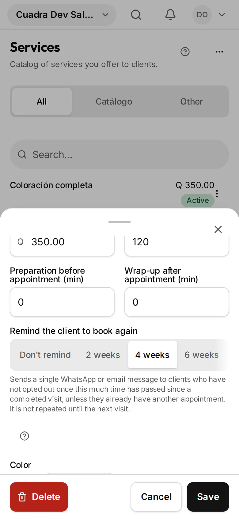 A service form on a phone, with the field to remind the client to book again and options in weeks.