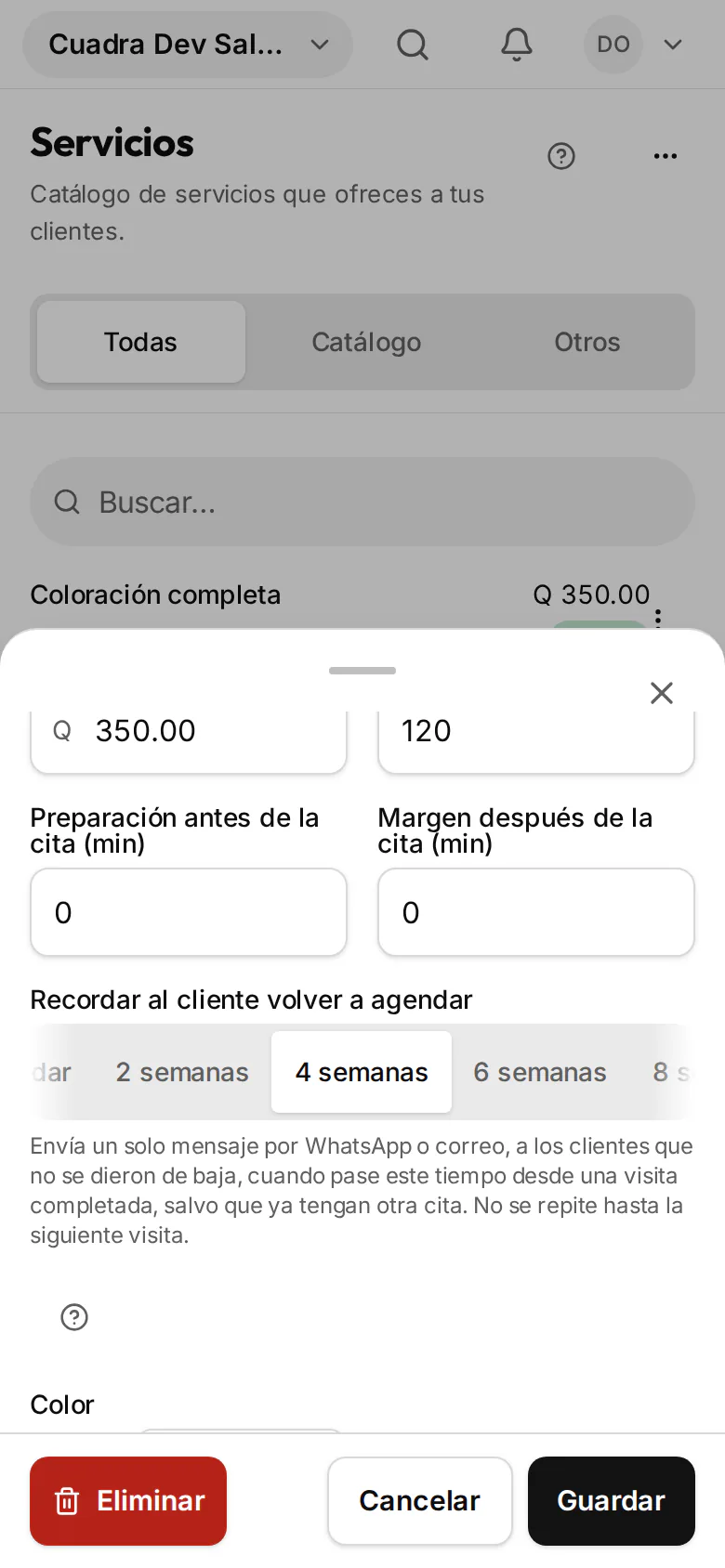 Ficha de un servicio en el teléfono, con el campo para recordar al cliente volver a agendar y opciones en semanas.